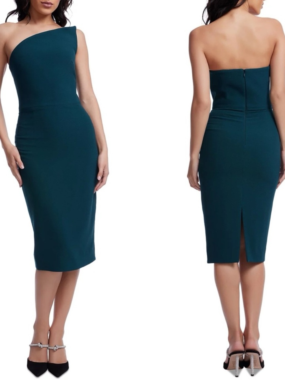 Dress The Population Strapless Asymmetrical Midi Dress Large Teal NWT